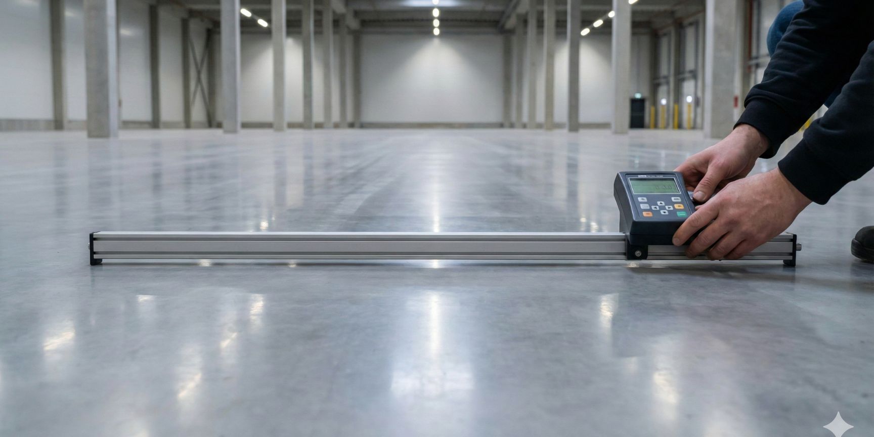 A technician uses a special digital flatness measuring device to measure the surface flatness of a newly poured, extremely smooth concrete floor in an empty logistics hall. This is a critical requirement for narrow-aisle warehouses.